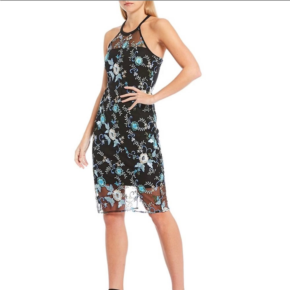 Illusion Halter Neck Sleeveless Embroidered Floral Mesh Dress